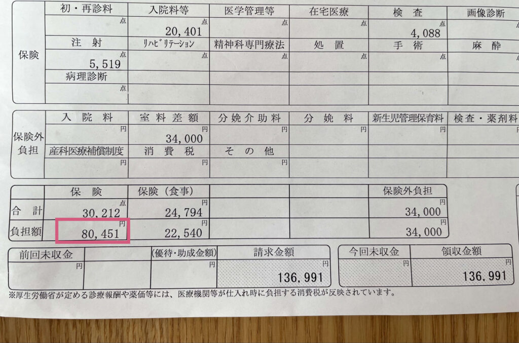 切迫早産入院ひと月目の領収書